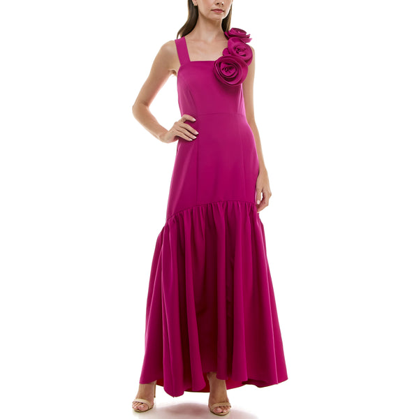 Gabby Skye TAYLOR ROSETTE TRIM SQUARE NECK FLOUNCE HEM GOWN MAGENTA
