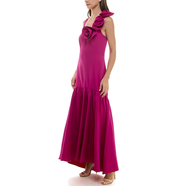 Gabby Skye TAYLOR ROSETTE TRIM SQUARE NECK FLOUNCE HEM GOWN MAGENTA