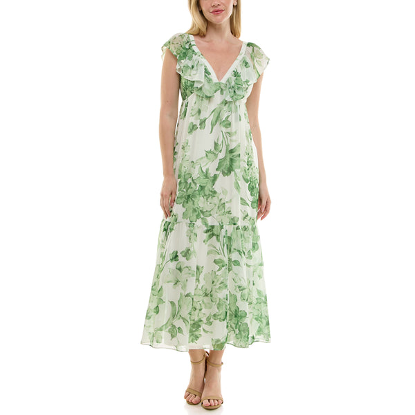 Gabby Skye TAYLOR RUFFLE NECK TIERED BOTANICAL PRINT MAXI DRESS IVORY/BROCCOLI