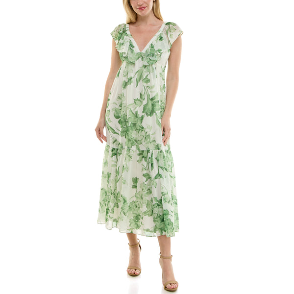 Gabby Skye TAYLOR RUFFLE NECK TIERED BOTANICAL PRINT MAXI DRESS IVORY/BROCCOLI