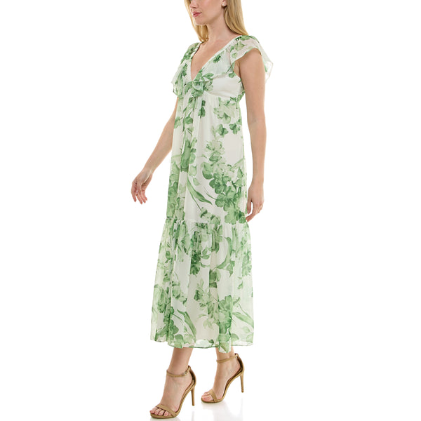 Gabby Skye TAYLOR RUFFLE NECK TIERED BOTANICAL PRINT MAXI DRESS IVORY/BROCCOLI