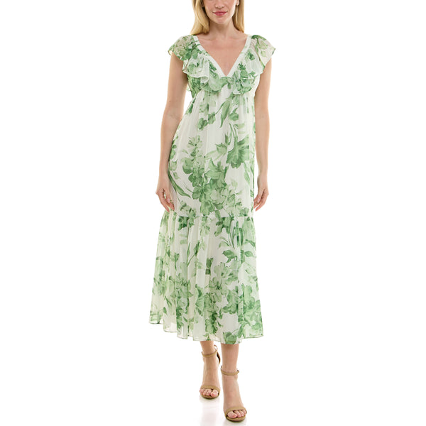 gabby skye TAYLOR RUFFLE NECK TIERED BOTANICAL PRINT MAXI DRESS IVORY/BROCCOLI