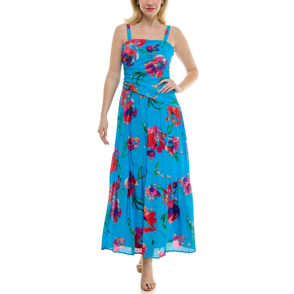 Gabby Skye TAYLOR SLEEVELESS ASYMMETRICAL DROP-WAIST FLORAL PRINT TIERED MAXI DRESS TURQUOISE/RED SALSA