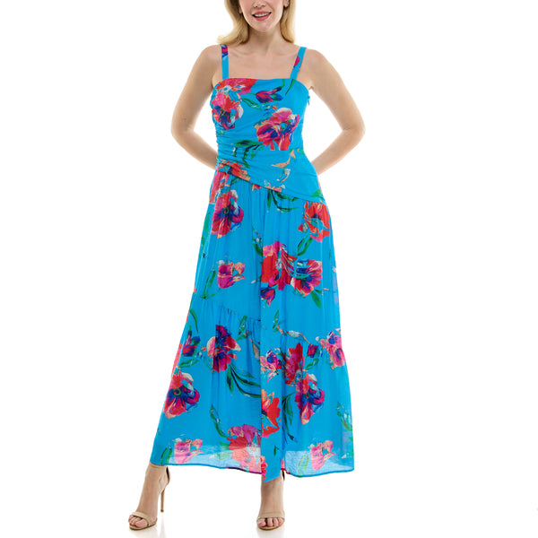 Gabby Skye TAYLOR SLEEVELESS ASYMMETRICAL DROP-WAIST FLORAL PRINT TIERED MAXI DRESS TURQUOISE/RED SALSA