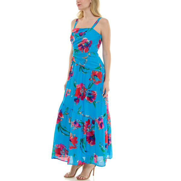 Gabby Skye TAYLOR SLEEVELESS ASYMMETRICAL DROP-WAIST FLORAL PRINT TIERED MAXI DRESS TURQUOISE/RED SALSA