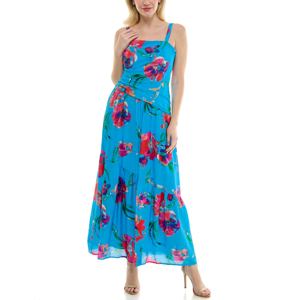 gabby skye TAYLOR SLEEVELESS ASYMMETRICAL DROP-WAIST FLORAL PRINT TIERED MAXI DRESS TURQUOISE/RED SALSA gabby skye TAYLOR SLEEVELESS ASYMMETRICAL DROP-WAIST FLORAL PRINT TIERED MAXI DRESS TURQUOISE/RED SALSA