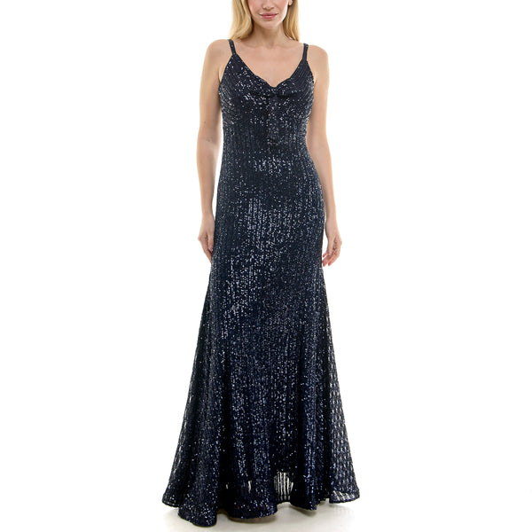 Gabby Skye TAYLOR SLEEVELESS BOW TRIM SEQUIN GOWN NAVY