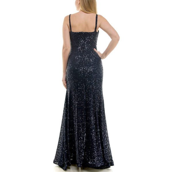 Gabby Skye TAYLOR SLEEVELESS BOW TRIM SEQUIN GOWN NAVY