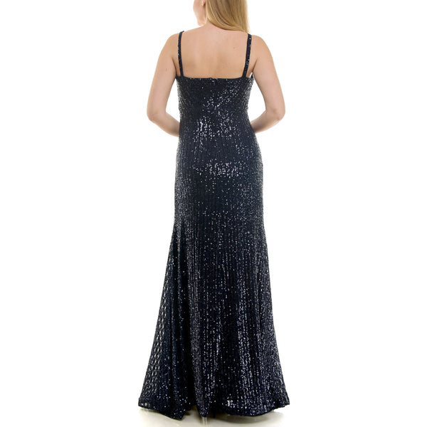Gabby Skye TAYLOR SLEEVELESS BOW TRIM SEQUIN GOWN NAVY