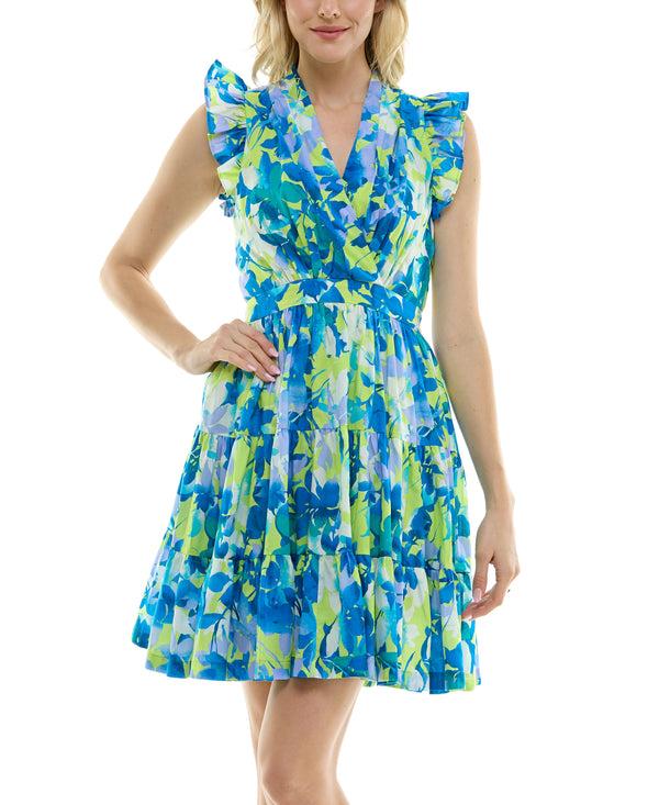 Gabby Skye TAYLOR SLEEVELESS MULTICOLOR FLORAL PRINT TIERED MINI DRESS WITH POCKETS CHARTREUSE/OCEAN BLU