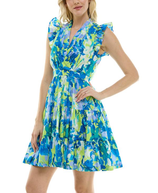 Gabby Skye TAYLOR SLEEVELESS MULTICOLOR FLORAL PRINT TIERED MINI DRESS WITH POCKETS CHARTREUSE/OCEAN BLU