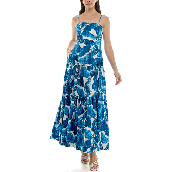 Gabby Skye TAYLOR SLEEVELESS TROPICAL BANANA LEAF PRINT TIERED MAXI DRESS BLUE/TROPICAL BREEZE