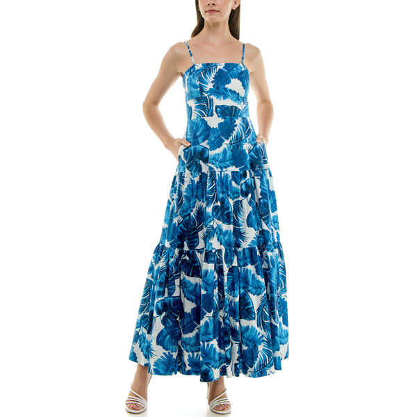 Gabby Skye TAYLOR SLEEVELESS TROPICAL BANANA LEAF PRINT TIERED MAXI DRESS BLUE/TROPICAL BREEZE