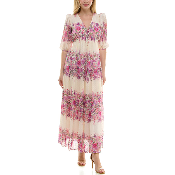 Gabby Skye TAYLOR SMOCK WAIST FLORAL PRINT CHIFFON MAXI DRESS IVORY/WISTERIA