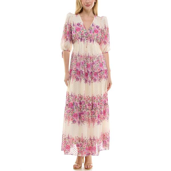 Gabby Skye TAYLOR SMOCK WAIST FLORAL PRINT CHIFFON MAXI DRESS IVORY/WISTERIA