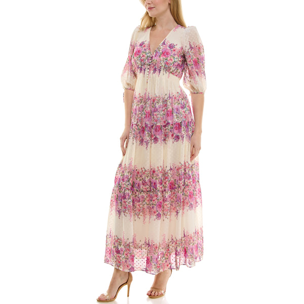 Gabby Skye TAYLOR SMOCK WAIST FLORAL PRINT CHIFFON MAXI DRESS IVORY/WISTERIA