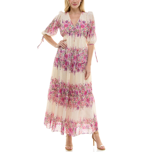 gabby skye TAYLOR SMOCK WAIST FLORAL PRINT CHIFFON MAXI DRESS IVORY/WISTERIA gabby skye TAYLOR SMOCK WAIST FLORAL PRINT CHIFFON MAXI DRESS IVORY/WISTERIA
