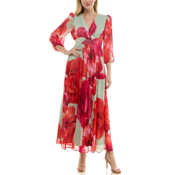 Gabby Skye TAYLOR TWIST-WAIST POCKETED CASCADING ROSE PRINT MAXI DRESS SAGE/SCARLET