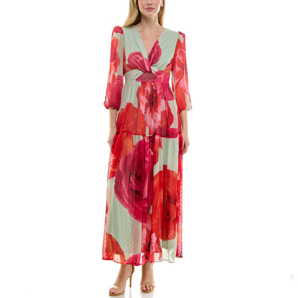 Gabby Skye TAYLOR TWIST-WAIST POCKETED CASCADING ROSE PRINT MAXI DRESS SAGE/SCARLET