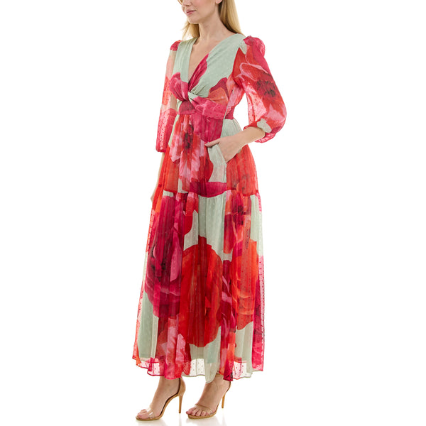 Gabby Skye TAYLOR TWIST-WAIST POCKETED CASCADING ROSE PRINT MAXI DRESS SAGE/SCARLET