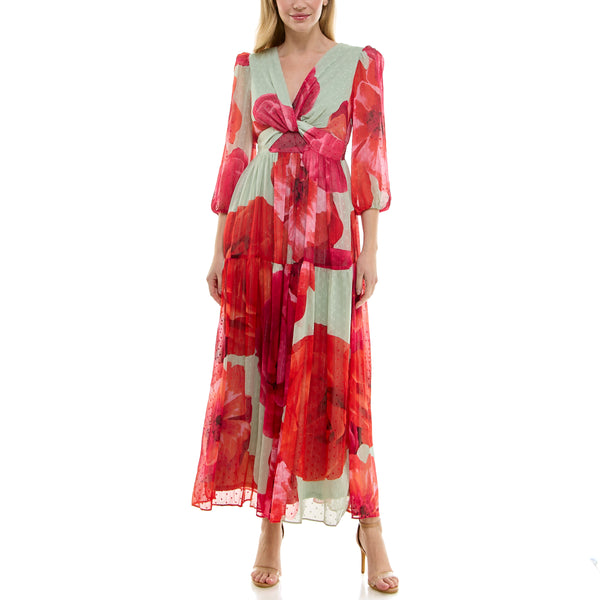 gabby skye TAYLOR TWIST-WAIST POCKETED CASCADING ROSE PRINT MAXI DRESS SAGE/SCARLET