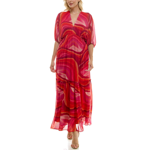 Gabby Skye TAYLOR TWO TIERED RETRO MOD SWIRL PATTERN MAXI DRESS WATERMELON/PINK