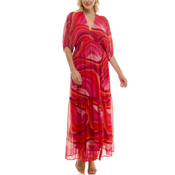 Gabby Skye TAYLOR TWO TIERED RETRO MOD SWIRL PATTERN MAXI DRESS WATERMELON/PINK