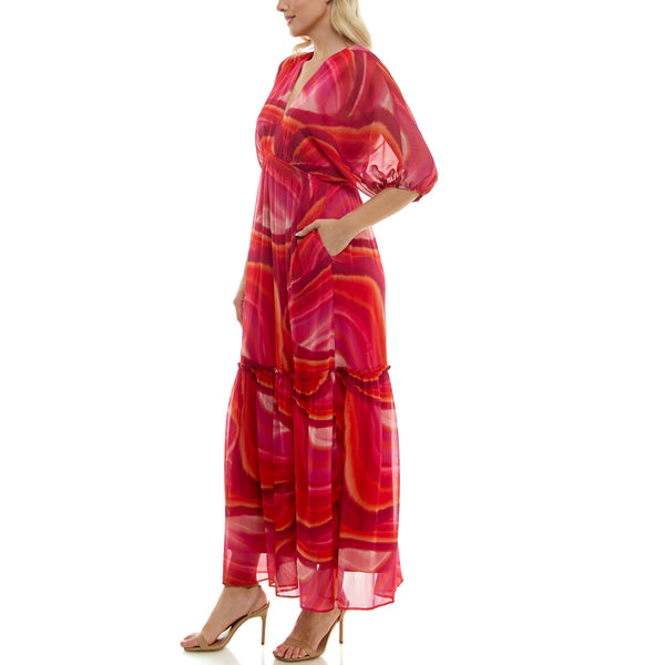 Gabby Skye TAYLOR TWO TIERED RETRO MOD SWIRL PATTERN MAXI DRESS WATERMELON/PINK