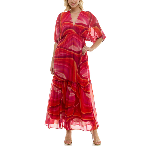 gabby skye TAYLOR TWO TIERED RETRO MOD SWIRL PATTERN MAXI DRESS WATERMELON/PINK