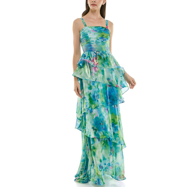 Gabby Skye TAYLOR WATERCOLOR FLORAL PRINT PLEATED BODICE TIERED RUFFLED CHIFFON GOWN TROPICAL TURQUOISE