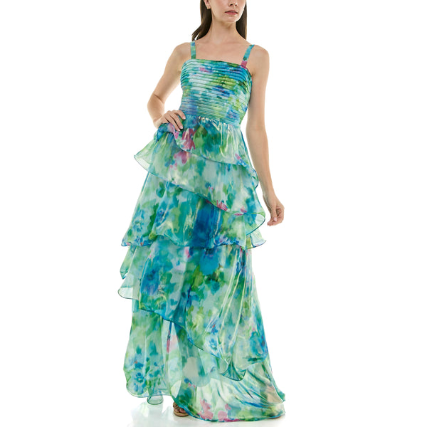 Gabby Skye TAYLOR WATERCOLOR FLORAL PRINT PLEATED BODICE TIERED RUFFLED CHIFFON GOWN TROPICAL TURQUOISE