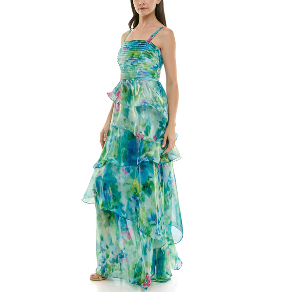 Gabby Skye TAYLOR WATERCOLOR FLORAL PRINT PLEATED BODICE TIERED RUFFLED CHIFFON GOWN TROPICAL TURQUOISE