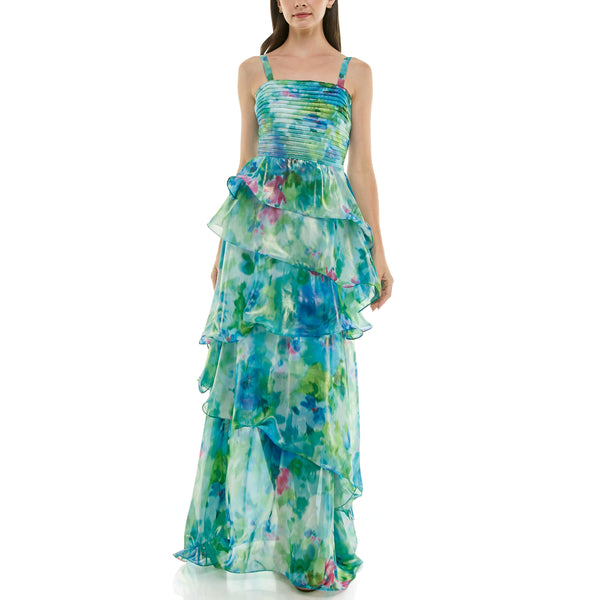 gabby skye TAYLOR WATERCOLOR FLORAL PRINT PLEATED BODICE TIERED RUFFLED CHIFFON GOWN TROPICAL TURQUOISE gabby skye TAYLOR WATERCOLOR FLORAL PRINT PLEATED BODICE TIERED RUFFLED CHIFFON GOWN TROPICAL TURQUOISE