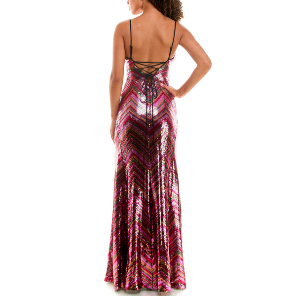 Gabby Skye VIOLET WEEKEND JUNIORS' CHEVRON SEQUINED GOWN - EXCHANGES ONLY FUCHSIA MULTI
