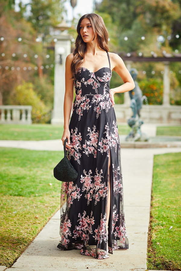 Gabby Skye VIOLET WEEKEND JUNIORS' FLORAL EMBROIDERED CORSET TOP GOWN BLACK PINK