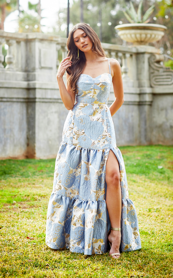 Gabby Skye VIOLET WEEKEND JUNIORS' FLORAL JACQUARD TIERED BALLGOWN BLUE MULTI