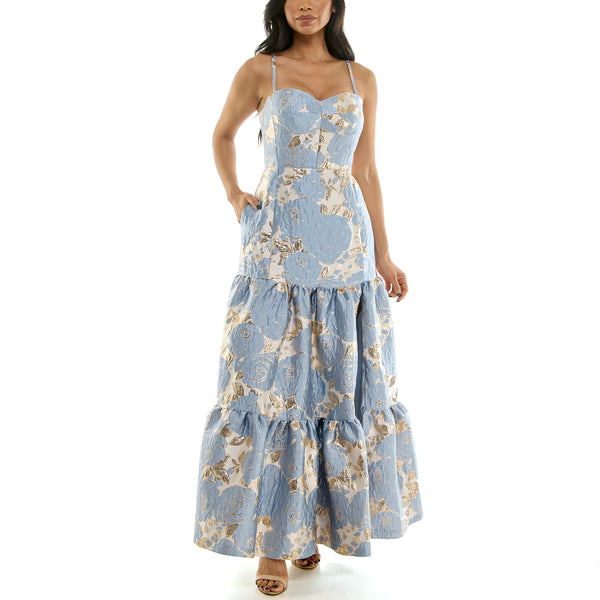 Gabby Skye VIOLET WEEKEND JUNIORS' FLORAL JACQUARD TIERED BALLGOWN BLUE MULTI