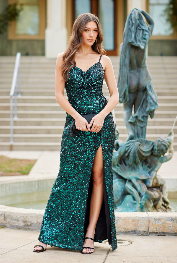 Gabby Skye VIOLET WEEKEND JUNIORS' METALLIC GREEN PLEATED SEQUIN GOWN HUNTER BLK