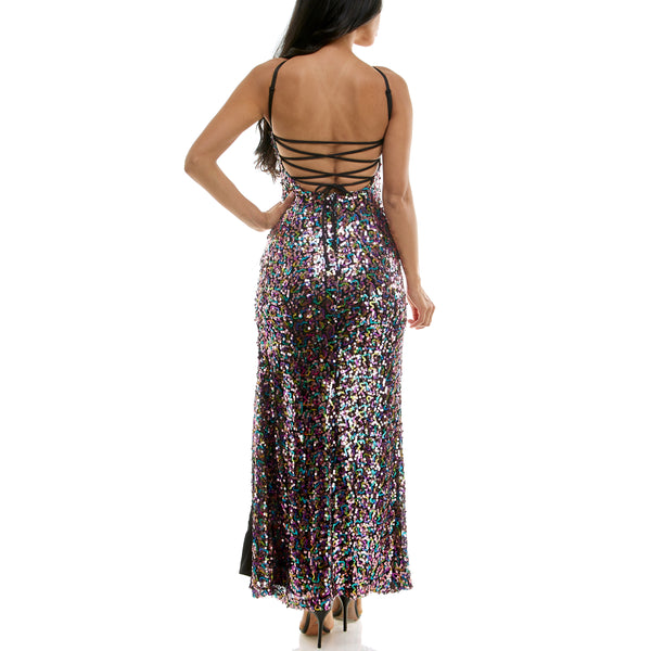 Gabby Skye VIOLET WEEKEND JUNIORS' MULTICOLOR SEQUIN HALTER GOWN MULTI BLK