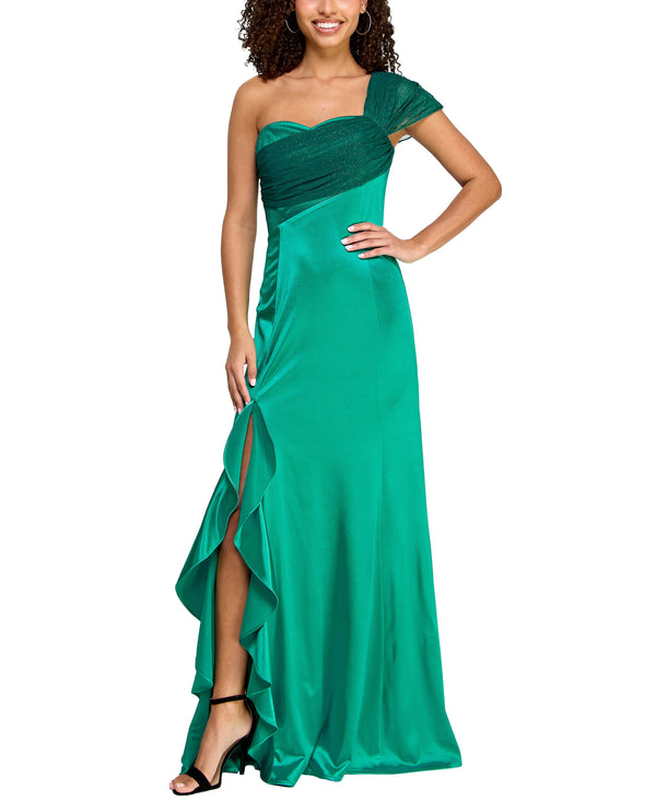 gabby skye VIOLET WEEKEND JUNIORS' ONE SHOULDER RUFFLED SLIT DRESS - EXCHANGES ONLY JADE