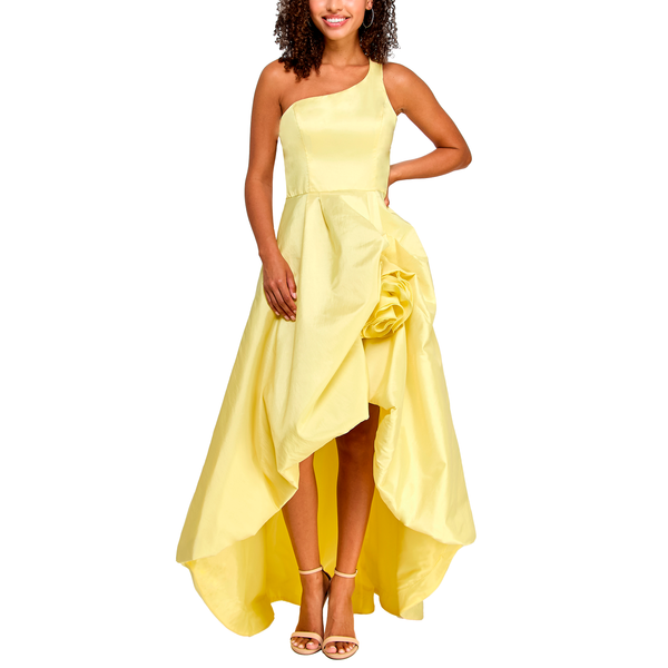 Gabby Skye VIOLET WEEKEND JUNIORS' ONE SHOULDER TAFFETA HIGH LOW ROSETTE GOWN LEMONADE