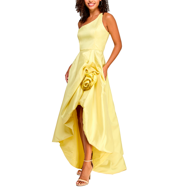 Gabby Skye VIOLET WEEKEND JUNIORS' ONE SHOULDER TAFFETA HIGH LOW ROSETTE GOWN LEMONADE