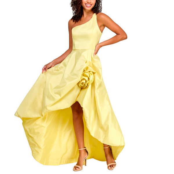 Gabby Skye VIOLET WEEKEND JUNIORS' ONE SHOULDER TAFFETA HIGH LOW ROSETTE GOWN LEMONADE