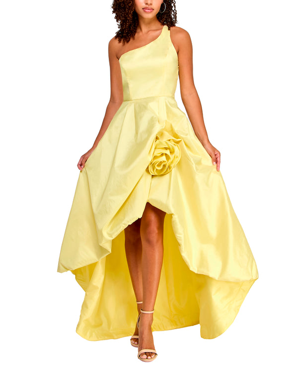 gabby skye VIOLET WEEKEND JUNIORS' ONE SHOULDER TAFFETA HIGH LOW ROSETTE GOWN LEMONADE