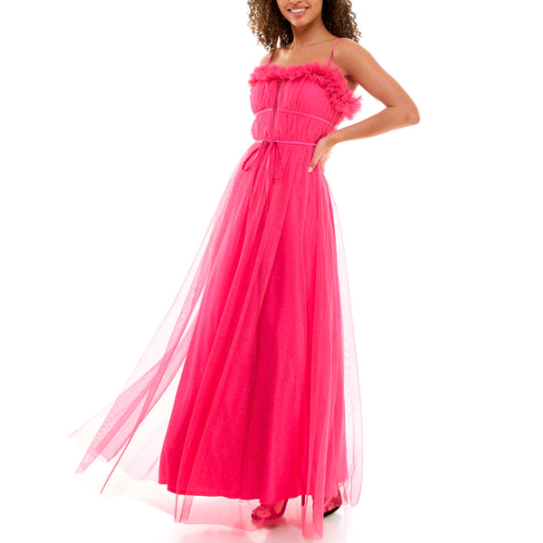 Gabby Skye VIOLET WEEKEND JUNIORS' RUFFLED NECKLINE GATHERED BODICE SPARKLING BALLGOWN - EXCHANGES ONLY BUBBLE GUM