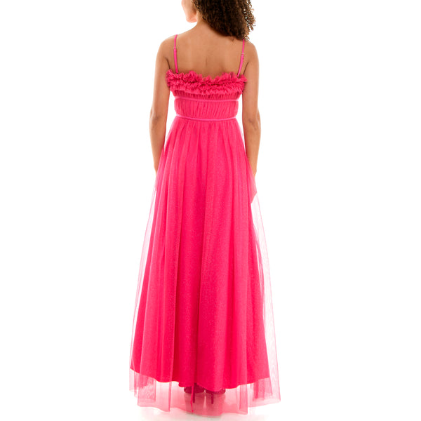 Gabby Skye VIOLET WEEKEND JUNIORS' RUFFLED NECKLINE GATHERED BODICE SPARKLING BALLGOWN - EXCHANGES ONLY BUBBLE GUM