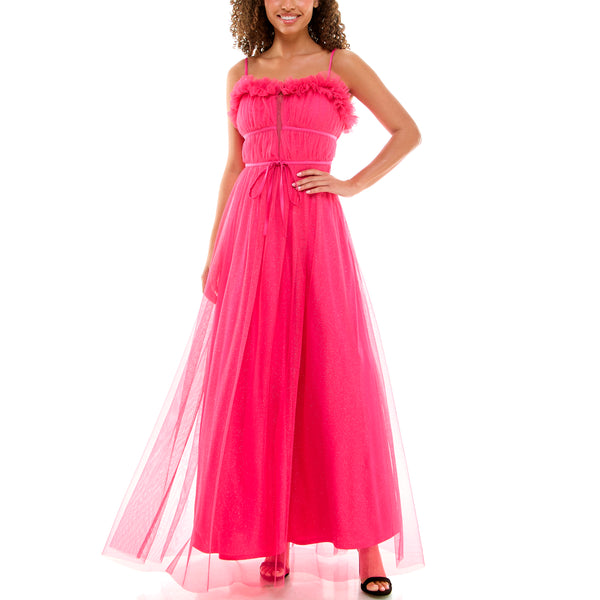 gabby skye VIOLET WEEKEND JUNIORS' RUFFLED NECKLINE GATHERED BODICE SPARKLING BALLGOWN - EXCHANGES ONLY BUBBLE GUM