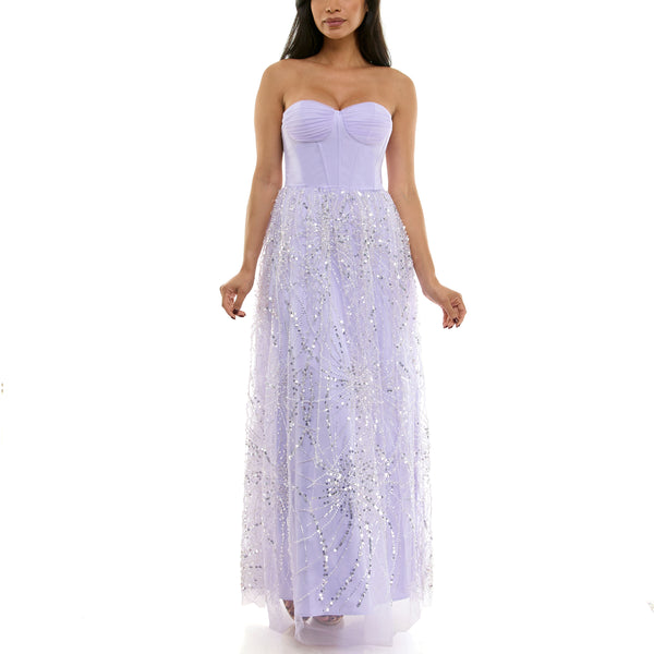 Gabby Skye VIOLET WEEKEND JUNIORS' SEQUIN PEARL CORSET GOWN LILAC
