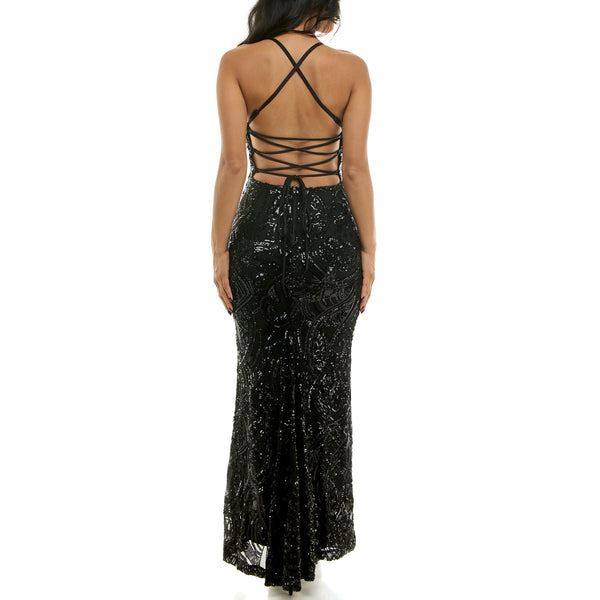 Gabby Skye VIOLET WEEKEND JUNIORS' SEQUIN SCROLL LACE UP GOWN BLACK