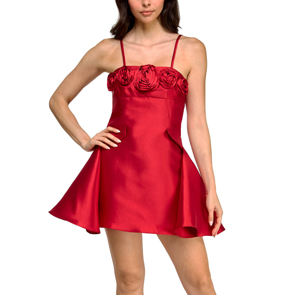 Gabby Skye VIOLET WEEKEND JUNIORS' SPAGHETTI STRAP ROSETTE ACCENTED MINI DRESS LIPSTICK